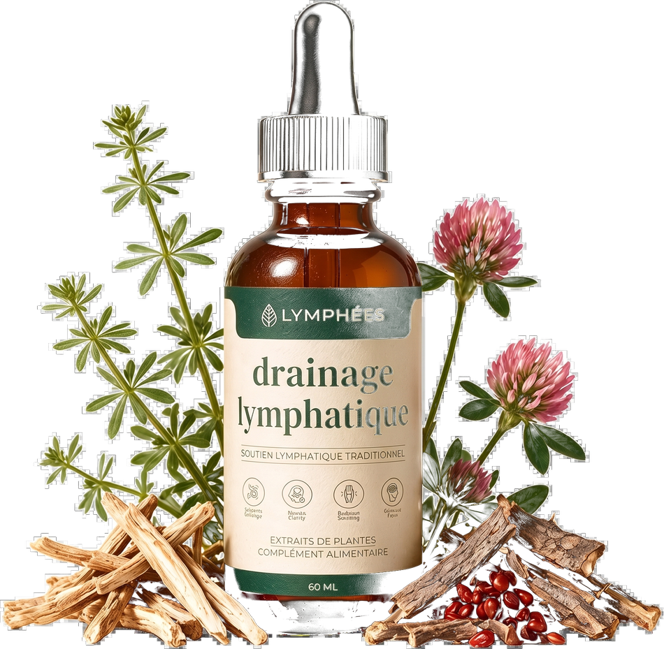 Flacon Lymphées entouré de trèfle rouge, de racines et de baies