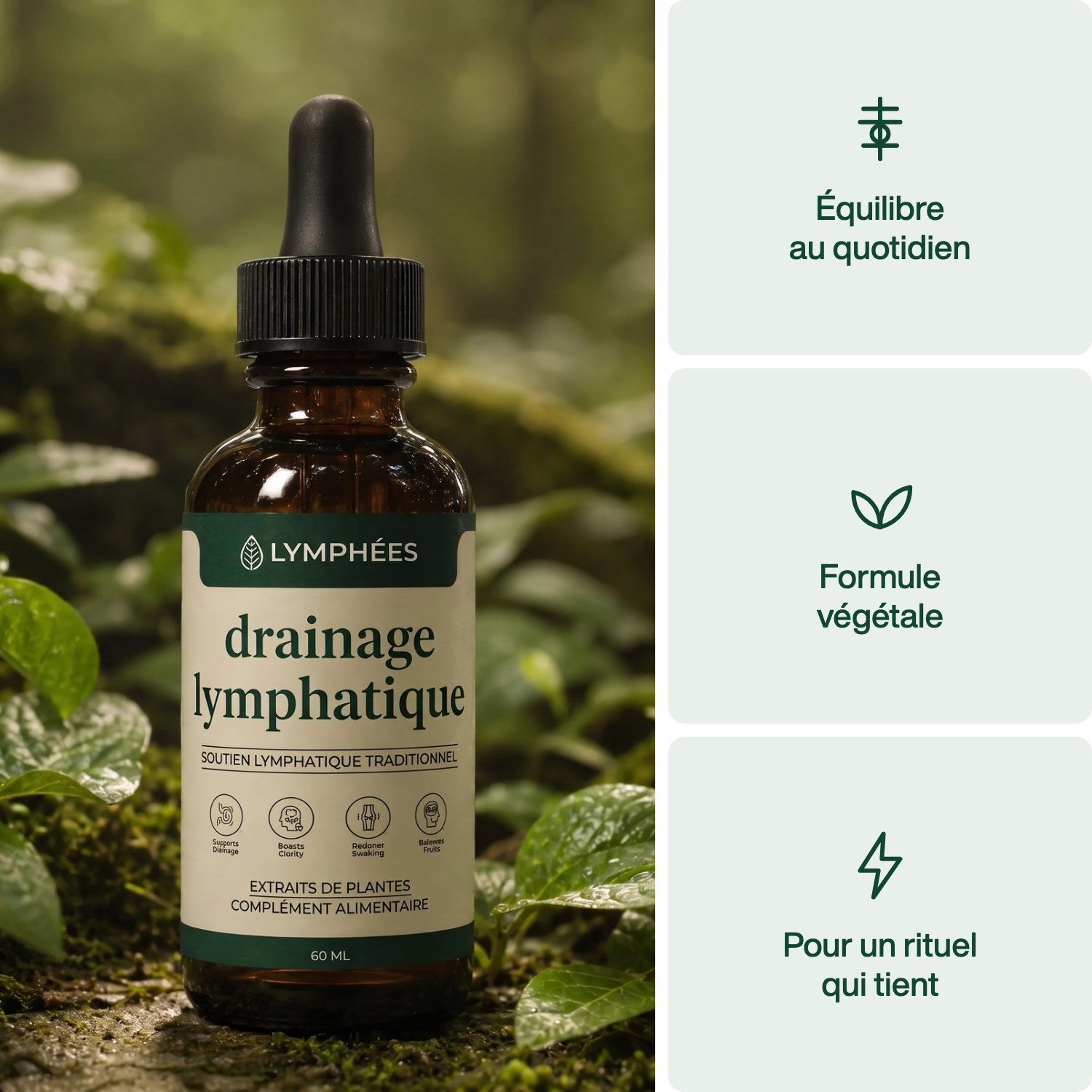 Flacon Lymphées sur la mousse, et les trois promesses du produit