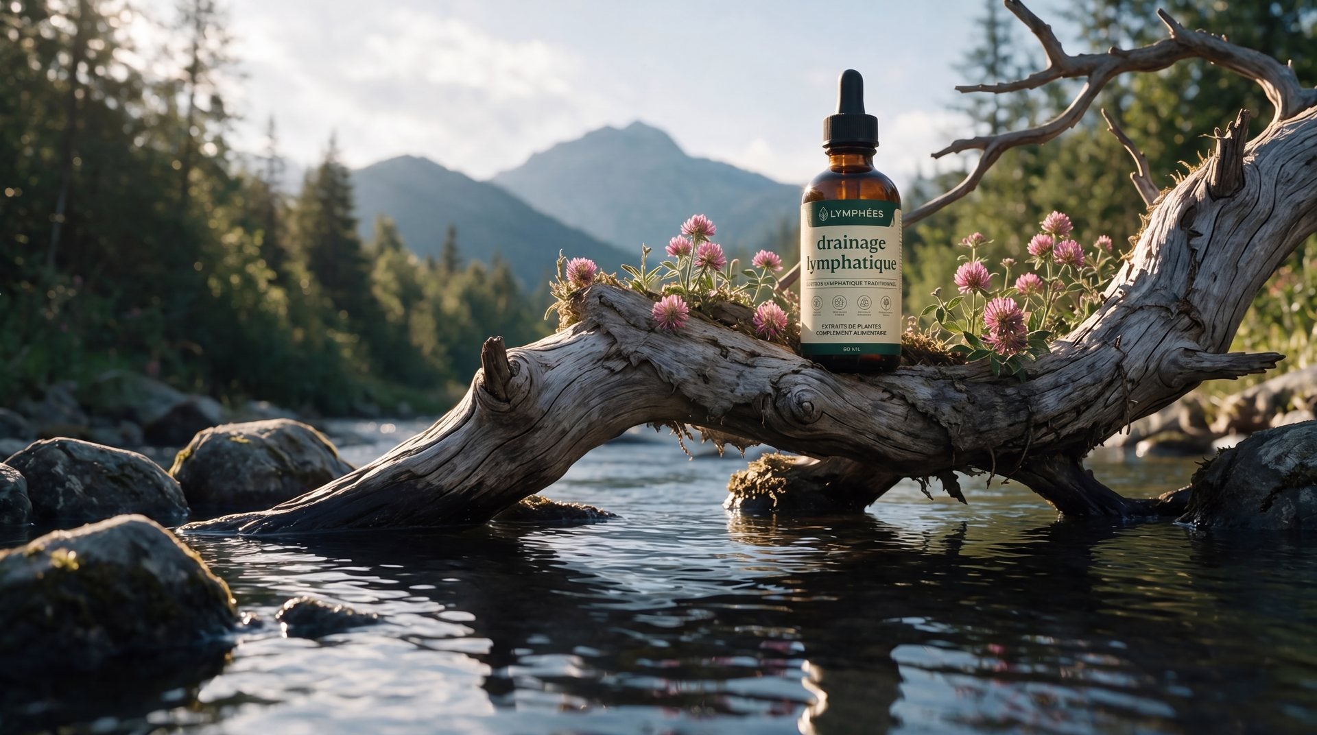 Flacon Lymphées posé sur un tronc, au bord d'une rivière de montagne